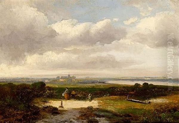 Travellers In A Landscape, A Town Beyond Oil Painting by Hermanus Jan Hendrik Rijkelijkhuysen