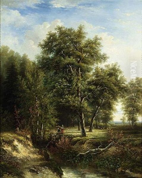 Figures On A Path In A Wooded Landscape Oil Painting by Hermanus Jan Hendrik Rijkelijkhuysen