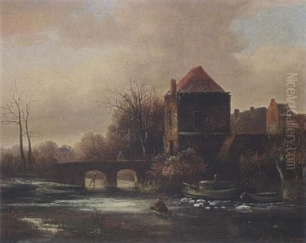 A Winter Landscape Oil Painting by Hermanus Jan Hendrik Rijkelijkhuysen