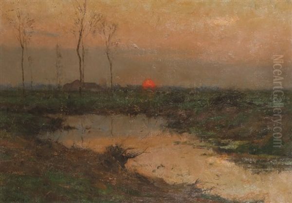 Paysage En Campine Au Coucher De Soleil Oil Painting by Leon Riket