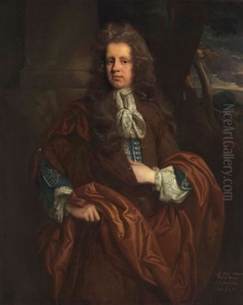 Portrait Of Sir William Monson, 4th Bt. (c. 1653-1727), Three-quarter-length, Before A Column, A Landscape Beyond Oil Painting by John Riley