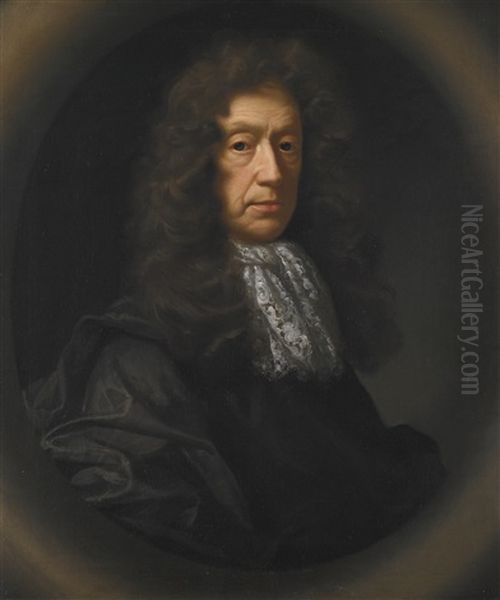 Portrait Of Edmund Waller, Half-length, In A Dark Coat And Lace Stock Oil Painting by John Riley