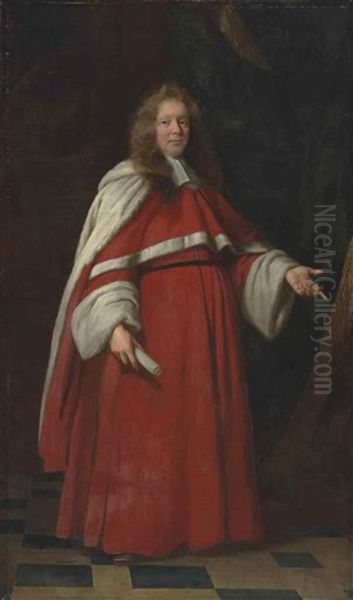 Portrait Of Sir Richard Heath (c. 1635-1702), Full-length, In His Robes As Baron Of The Exchequer, Holding A Rolled Document In His Right Hand Oil Painting by John Riley