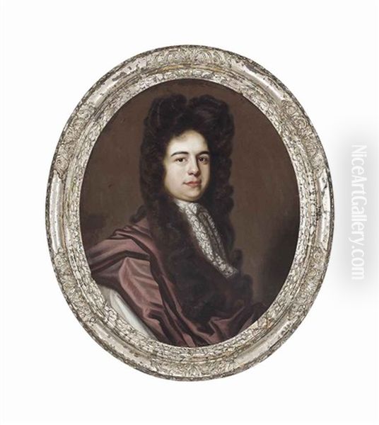 Portrait Of A Gentleman, Traditionally Identified As John Churchill, 1st Duke Of Marlborough In An Ochre Robe Oil Painting by John Riley