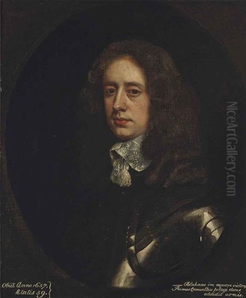 Portrait Of A Gentleman, Traditionally Identified As Robert Blake (1598-1657), Half-length, In Armour, With A Lace Stock, In A Painted Oval Oil Painting by John Riley