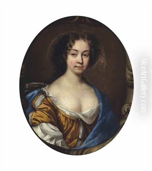 Portrait Of A Lady, Half-length, In A Brown And White Dress And Blue Wrap, In A Sculpted Cartouche Oil Painting by John Riley