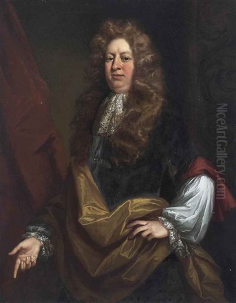 Portrait Of Sir William Hussey (1642-1691), Three-quarter-length, In A Dark Grey Coat And Gold Wrap Oil Painting by John Riley