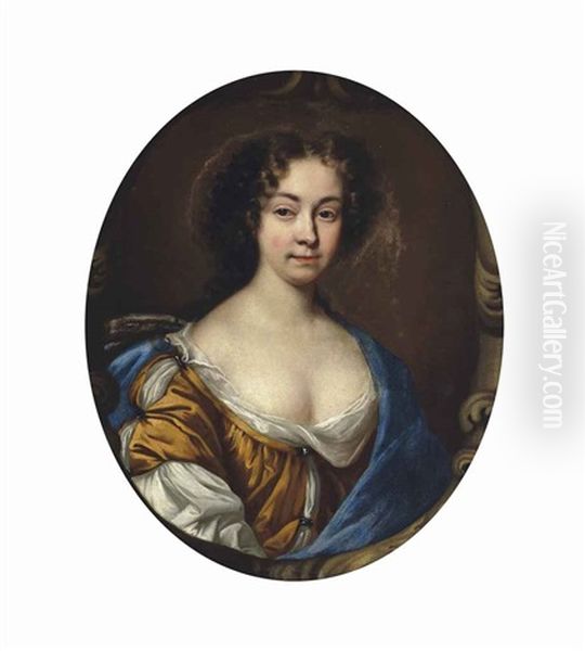 Portrait Of A Lady, Half-length, In A Brown And White Dress And Blue Wrap, In A Sculpted Cartouche Oil Painting by John Riley