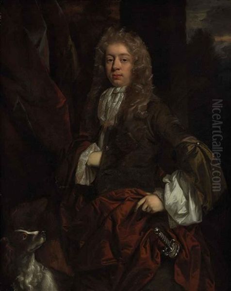 Portrait Of A Young Man, With A Dog Oil Painting by John Riley