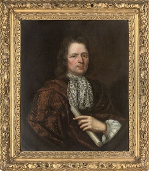 Portrait Of A Gentleman In A Brown Silk Robe And Lace Cravat Oil Painting by John Riley