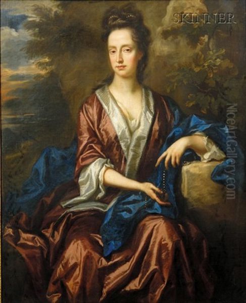 Portrait Of A Lady With A String Of Pearls Seated In A Landscape Oil Painting by John Riley