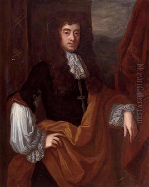 Portrait Of A Gentleman In A Black Coat And White Shirt And Ruff, With A Brown Wrap, By A Red Curtain, A Land Oil Painting by John Riley