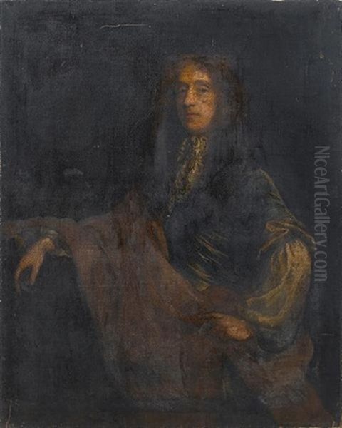 Portrait Of A Gentleman, Three-quarter-length, In A Blue Coat A Brown Wrap And White Lace Jabot Oil Painting by John Riley