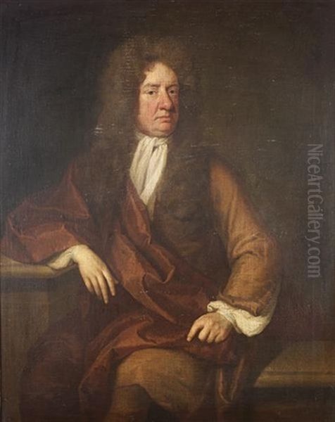 Portrait Of A Gentleman, Three-quarter Length, In A Brown Coat, Maroon Robe And White Jabot, Seated On A Stone Bench Beside A Stone Plinth Oil Painting by John Riley