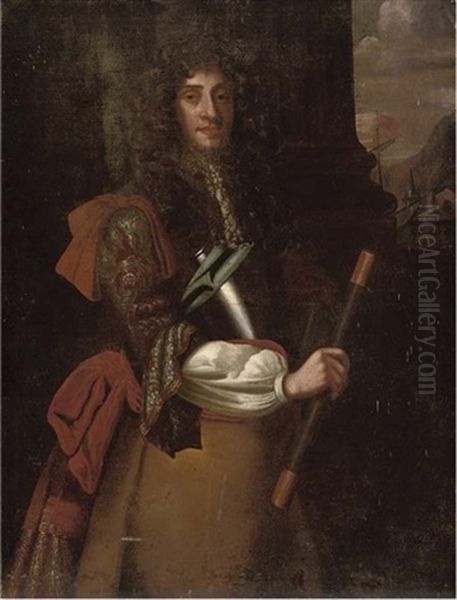 Portrait Of James Ii, A Telescope In His Right Hand, With Ships Beyond Oil Painting by John Riley