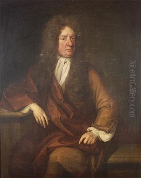 Portrait Of A Gentleman, Three-quarter Length, In A Brown Coat, Maroon Robe And White Jabot, Seated On A Stone Bench Beside A Stone Plinth Oil Painting by John Riley