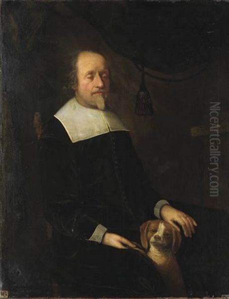 Portrait Of A Blind Man (john Milton?) Seated, In A Black Suit With A White Collar, With A Dog Oil Painting by John Riley