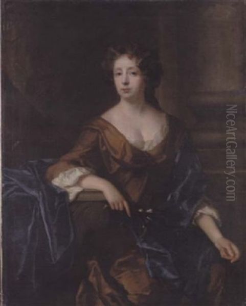 Portrait Of A Lady (lady Fanshawe?) In A Brown Dress With A Blue Shawl, Holding A Posy, Before A Column Oil Painting by John Riley