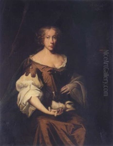 Portrait Of Ann Lee, Daughter Of John Warner Lee, Archdeacon Of Rochester Wearing A Brown Dress, A Dog On Her Lap Oil Painting by John Riley