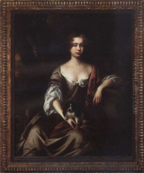 Portrait Of A Lady In Mauve Dress And Crimson Cloak, Seated In A Landscape, A King Charles Spaniel In Her Lap Oil Painting by John Riley