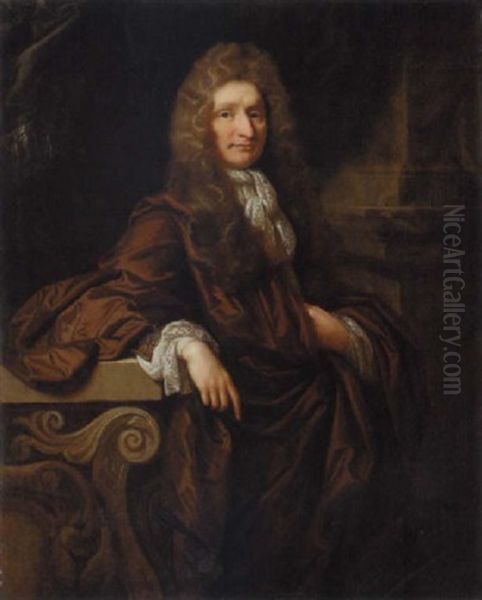 Portrait Of A Gentleman In A Brown Cloak, In An Interior Oil Painting by John Riley