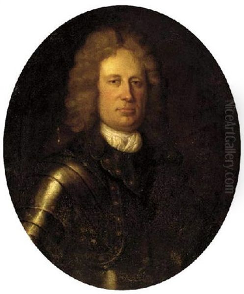 Portrait Of A Gentleman In A White Stock And Armour Oil Painting by John Riley