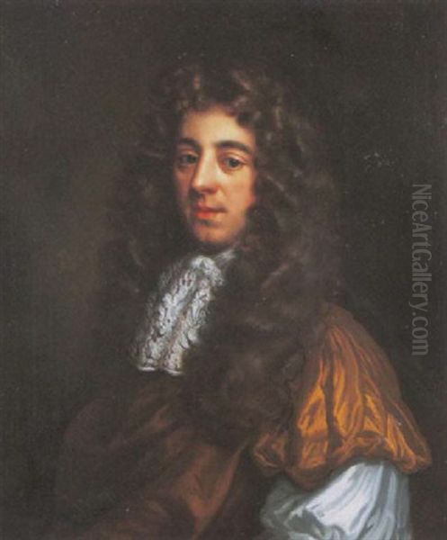 Portrait Of A Gentleman (edward Kinaston Of Oaldey?) In A Brown Robe And Lace Collar Oil Painting by John Riley