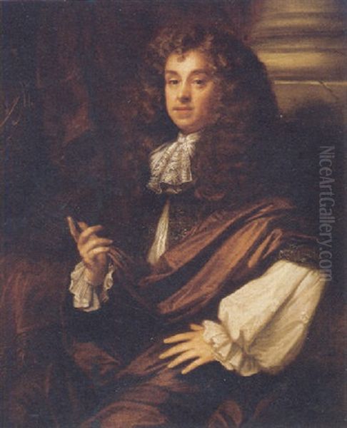 Portrait Of A Gentleman (william, Second Viscount Brouncker?) In A White Shirt With Brown Robes, Pointing To An Astrolabe Oil Painting by John Riley