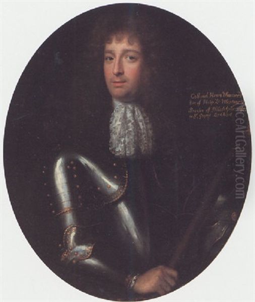 Portrait Of Colonel Henry Wharton, Wearing Armour And Holding A Baton Oil Painting by John Riley