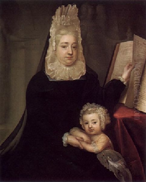 Portrait Of Rachel, Lady Russell And Her Son Wriothesley Wearing A Black Dress And White Headdress, Her Laft Hand Turning A Page Of The Book Of Proverbs Oil Painting by John Riley