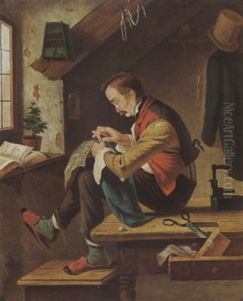 A Tailor Mending Clothes In His Studio Oil Painting by Rinaldo de Rinaldi