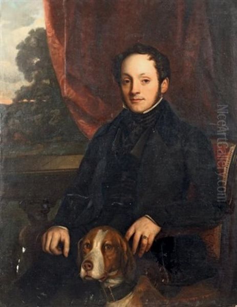 Portrait D'homme Assis Accompagne De Son Chien Oil Painting by Adolf D. Rinck