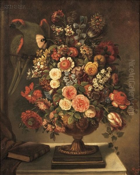 Floral Still Life With Parrot Oil Painting by Adolf D. Rinck