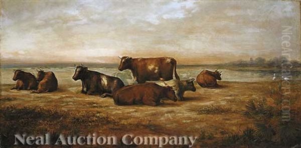 Cattle Along The Shore Oil Painting by Adolf D. Rinck