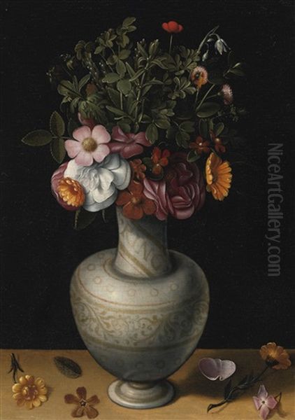 Ring Still Life With Wild Roses, Peonies And Other Flowers In A White Earthenware Vase Oil Painting by Ludger Tom Ring the Younger