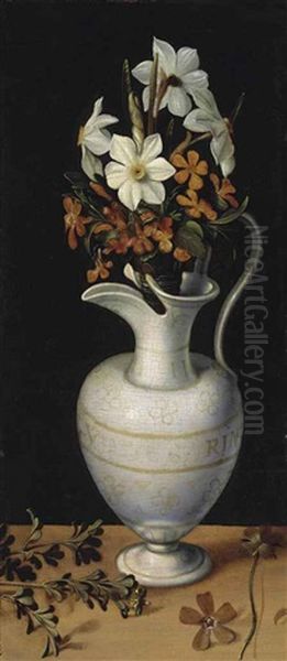 Narcissi, Calamine Violets And Periwinkle In A Facon-de-venise Ewer, On A Ledge With A Sprig Of Rue Oil Painting by Ludger Tom Ring the Younger