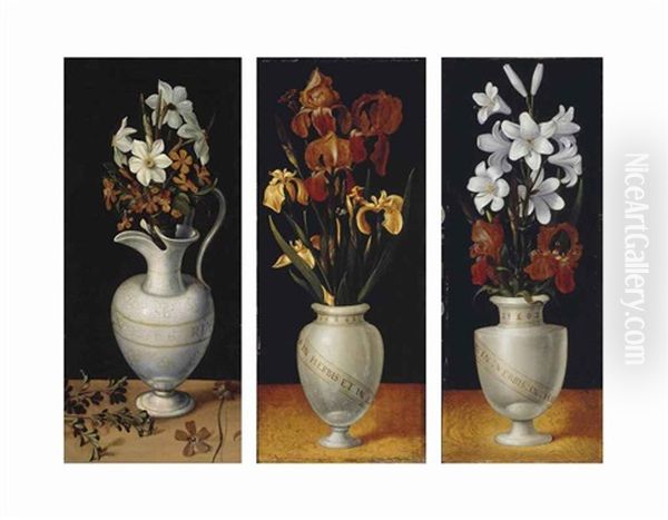 Narcissi, Calamine Violets And Periwinkle In A Ewer, On A Ledge With A Sprig Of Rue Oil Painting by Ludger Tom Ring the Younger