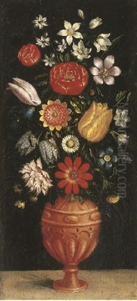 Tulips, Roses, Carnations And Other Flowers In A Vase On A Stone Ledge Oil Painting by Ludger Tom Ring the Younger