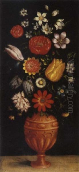 Tulips. Roses, Carnations And Other Flowers In A Vase On A Stone Ledge Oil Painting by Ludger Tom Ring the Younger