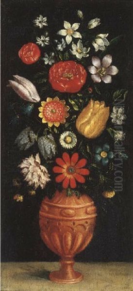 Tulips, Roses, Carnations And Other Flowers In A Vase On A Stone Ledge Oil Painting by Ludger Tom Ring the Younger