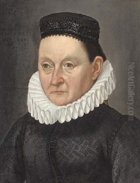 Portrait Of A Lady In A Black Embroidered Cap And A Ruff Oil Painting by Ludger Tom Ring the Younger