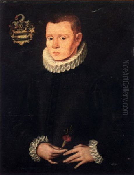 Portrait Of A Young Gentleman In A Black Slashed Doublet And Ruff, Holding A Flower Oil Painting by Ludger Tom Ring the Younger