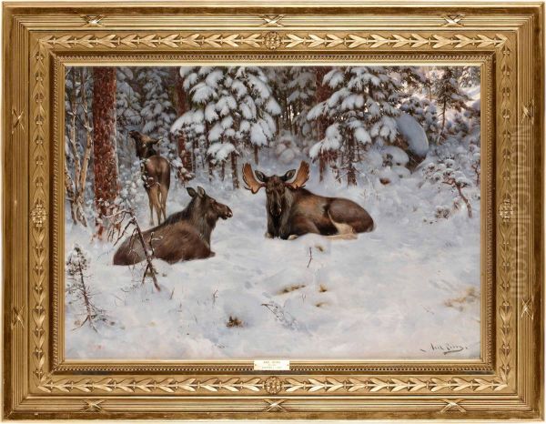 Algfamilj I Sno Oil Painting by Axel Borg