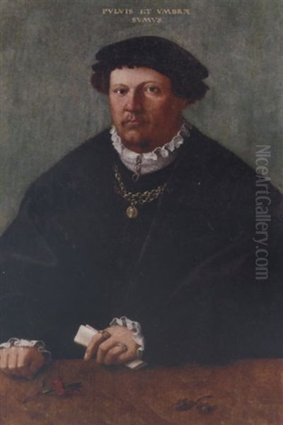 Portrait Of A Gentleman In A Black Costume And Fur-trimmed Coat, A Gold Chain With A Pendant Of Emperor Valentinian I, A Letter In His Left Hand, His Hands Resting Upon A Wooden Ledge Oil Painting by Hermann Tom Ring