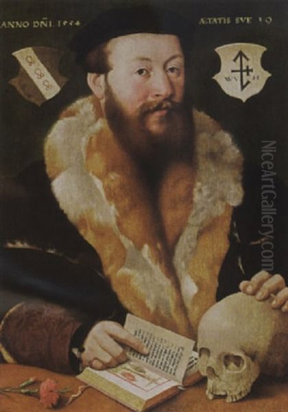 A Portrait Of A Bearded Man, Aged 39, Wearing A Fur-lined Black Coat And A Black Beret Oil Painting by Hermann Tom Ring