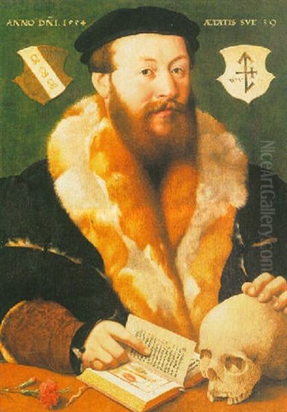 A Portrait Of A Bearded Man, Wearing A Fur-lined Black Coat And A Black Beret, With Vanitas Symbols On A Wooden Ledge Oil Painting by Hermann Tom Ring