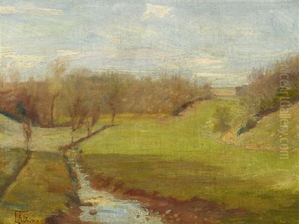 Spring Landscape With Light Green Fields And A Waterhole, Near Mogenstrup Oil Painting by Laurits Andersen Ring