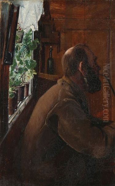 A Man Sitting By A Window Whilst Smoking A Pipe Oil Painting by Laurits Andersen Ring