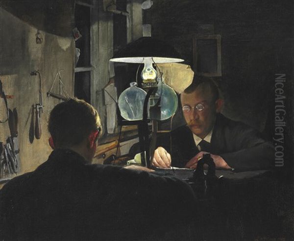 A Goldsmith's Workshop Oil Painting by Laurits Andersen Ring