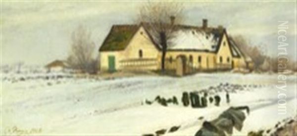 Winter Landscape With A Yellow Farmhouse Oil Painting by Laurits Andersen Ring